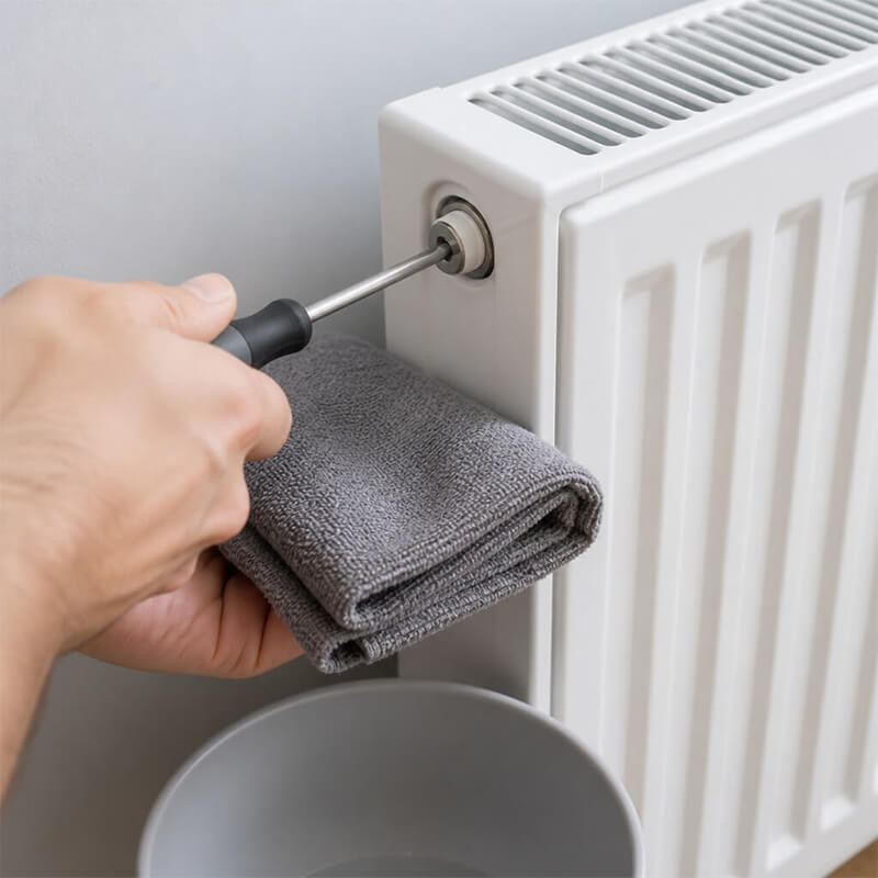 Using a screwdriver to bleed a radiator Person using a flat-head screwdriver to open a radiator bleed valve