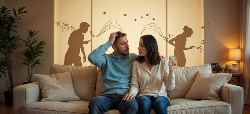 A couple on their sofa wondering how they can soundproof their walls from noisy neighbours