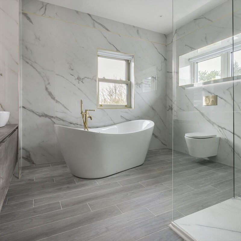 Finished tiled bathroom floor with invisible underfloor heating