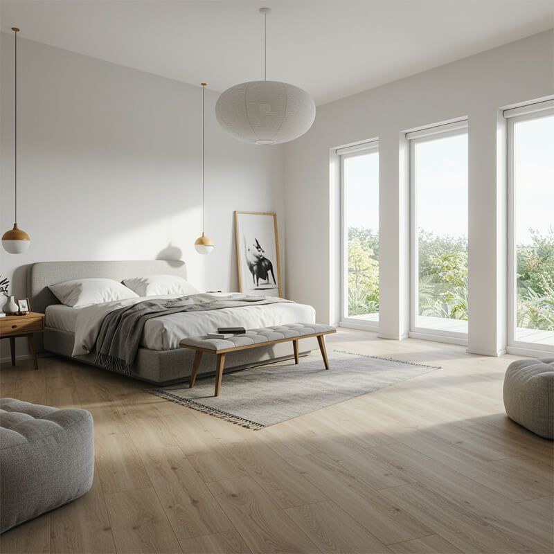 Bright bedroom with light laminate flooring, creating an airy and easy-to-clean space.