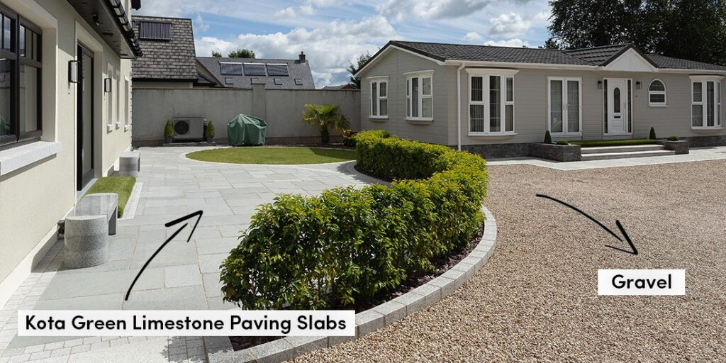 Paving Slabs vs Gravel stone (also known as aggregate stones or decorative stone). In this image there is a nice contrast between the patio area and the driveway.