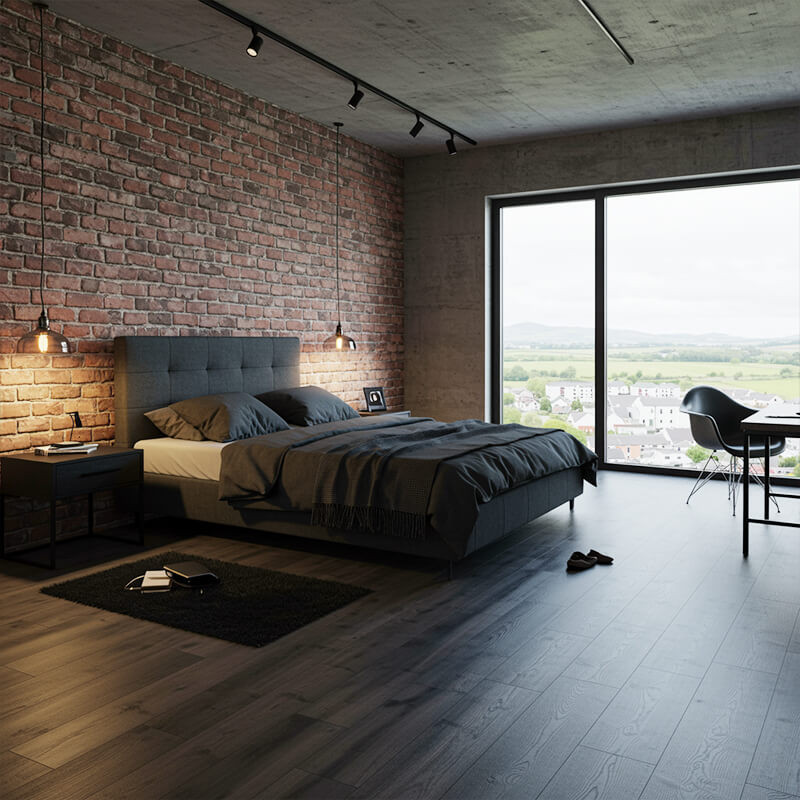 Luxury bedroom with marble-look laminate flooring, a sophisticated alternative to carpet.