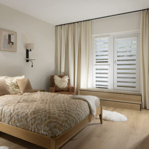 Classic laminate flooring in a bedroom, combining elegance and durability