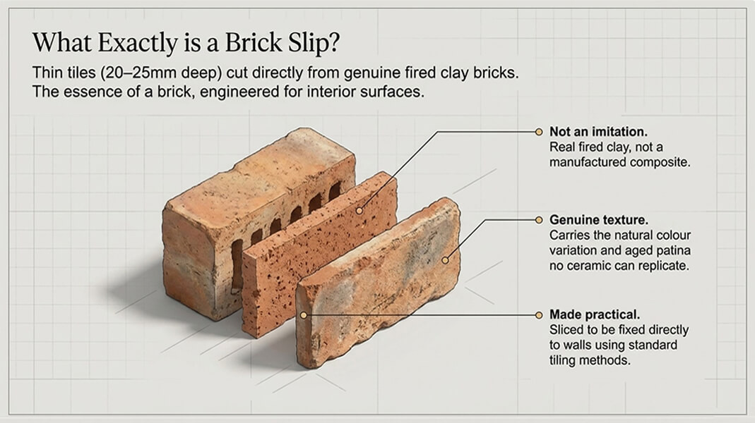 How Brick Slips Are Made — From Fired Clay Brick to Interior Wall Tile An illustrated diagram showing exactly how brick slips are manufactured — cut directly from genuine fired clay bricks to create thin, lightweight wall tiles that carry all the authentic texture and character of full brickwork.