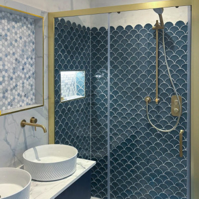 Steel Blue Fish Scale Gloss Porcelain Mosaic Tile 25.9x27.3cm