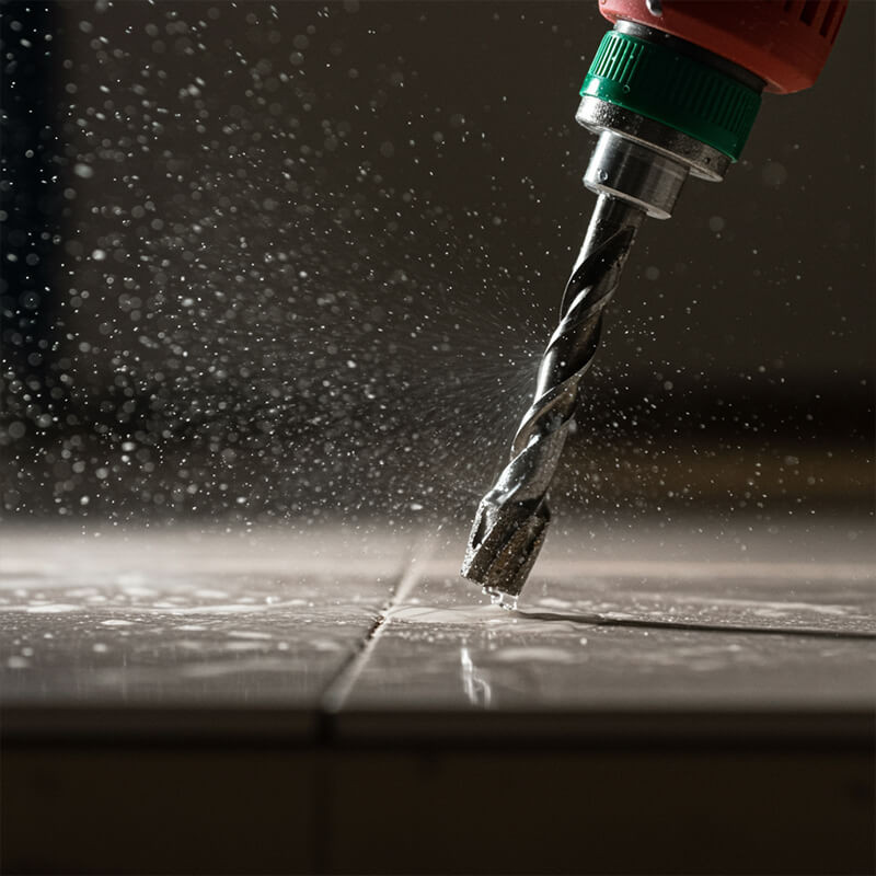Extreme close-up of a diamond-tipped drill bit successfully cutting through a glossy tiled surface without chipping the edge.