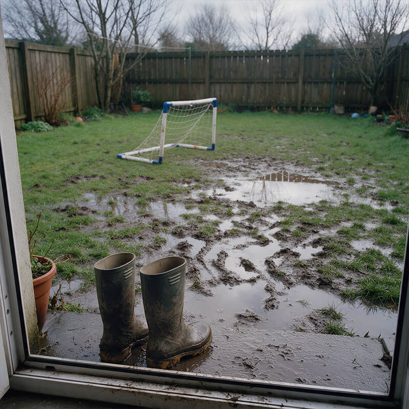 Muddy real lawn in an Irish winter Waterlogged, muddy lawn with a football goal and muddy wellies at the back door in winter