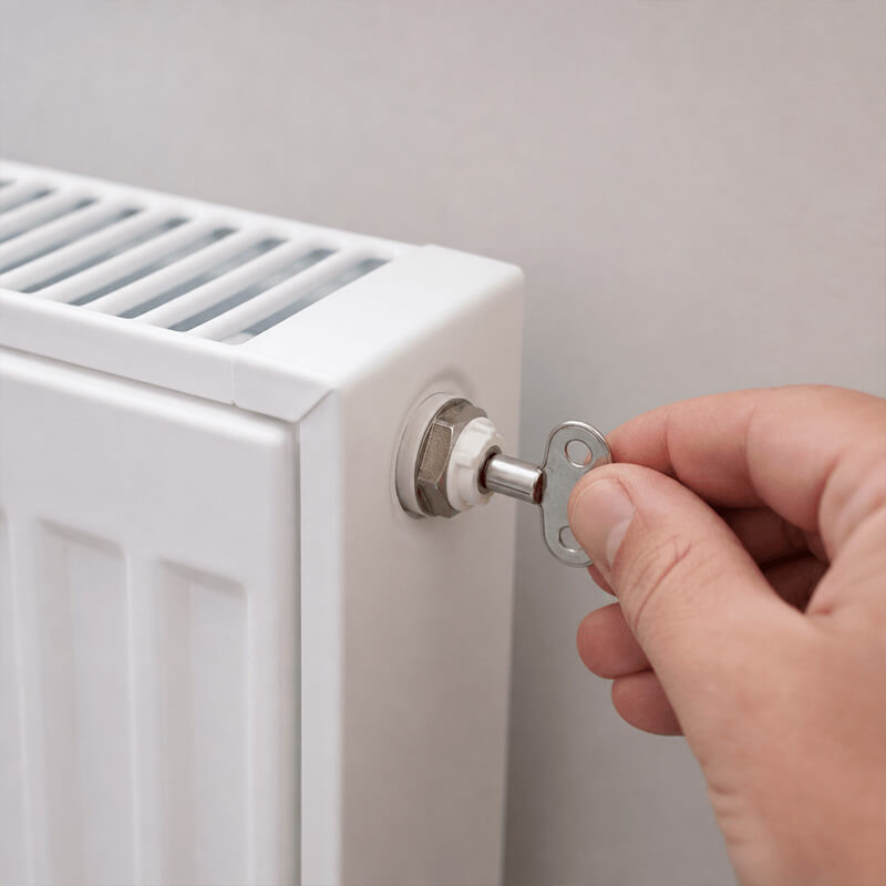 Using a radiator bleed key Person using a radiator bleed key to open the bleed valve