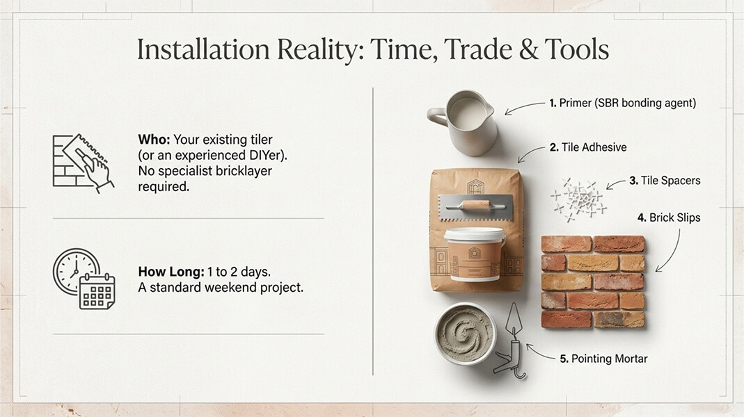 A visual step-by-step guide to installing brick slips on a fireplace or feature wall. Covering substrate preparation, adhesive selection, laying in a running bond pattern, joint spacing, pointing mortar application, and sealing. Includes guidance on using Step-by-step installation guide infographic for fitting brick slips on a fireplace wall, showing tools required, adhesive application, laying pattern, and pointing process