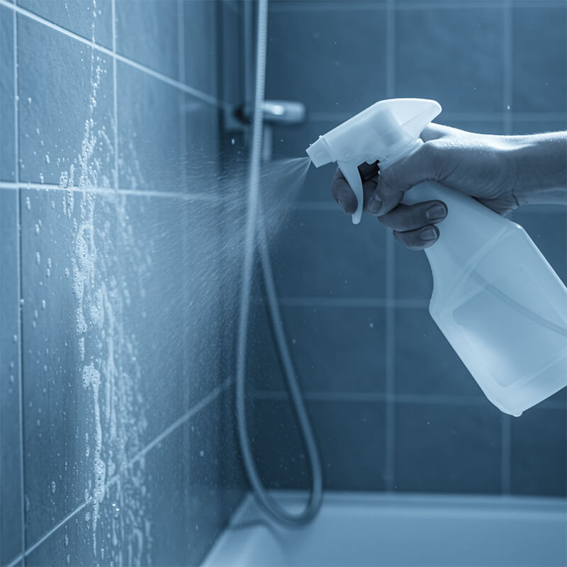 Applying bathroom tile cleaner on shower tiles to remove grime