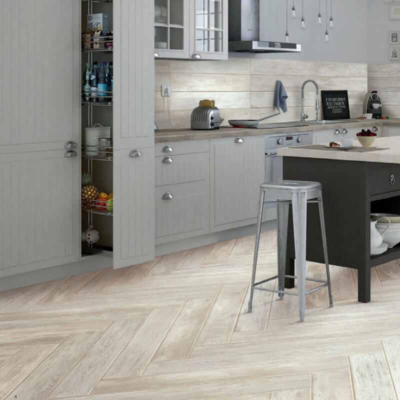 Textured wood-effect porcelain tiles in a dark walnut shade add a touch of drama to a minimalist kitchen.