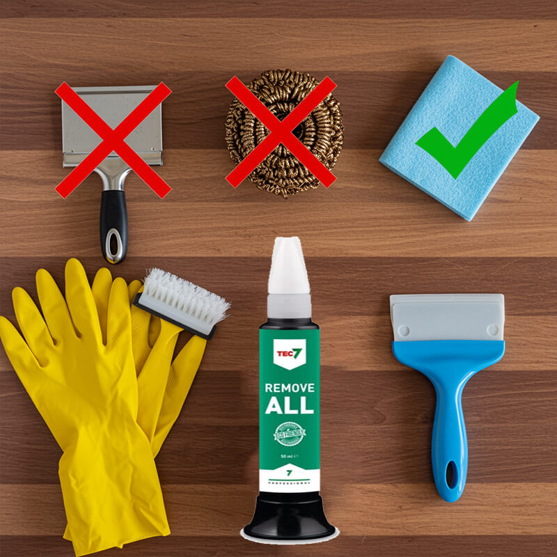Cleaning tools and paint remover with safe and unsafe options highlighted.