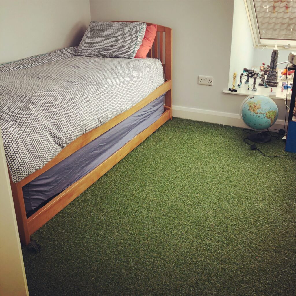 Artificial grass used as indoor mat in a room in Dublin