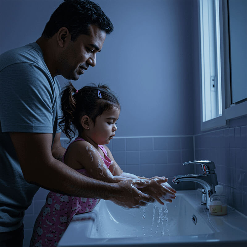 Parent and child washing hands near clean bathroom tiles
