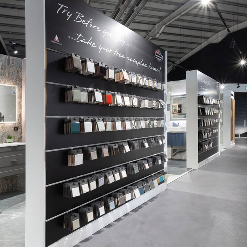 Sleek, modern tile designs displayed in a Dublin showroom.