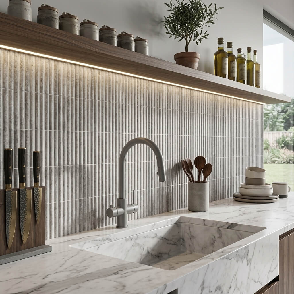 Kitchen splashback with vertical wall tiles Modern kitchen with a vertical grey wall tile splashback, marble-effect worktop, integrated sink and open shelving above