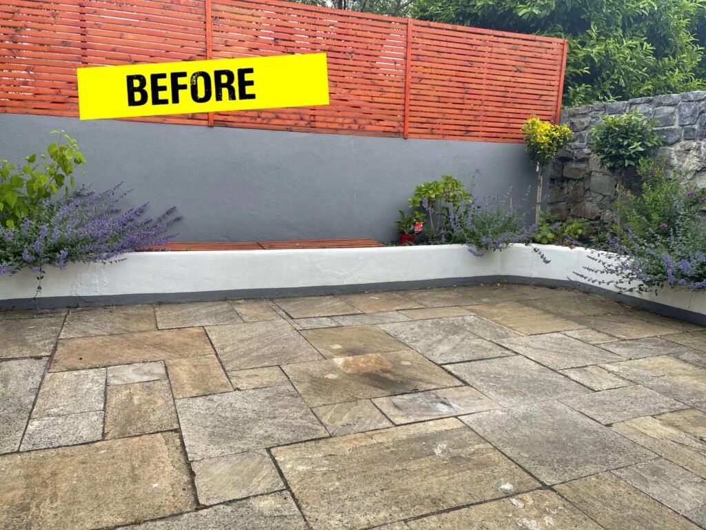 How to remove black spots from patio stone, thsi image shows a patio before treating with Stontex Black Spot Remover How to remove black spots from patio stone, thsi image shows a patio before treating with Stontex Black Spot Remover